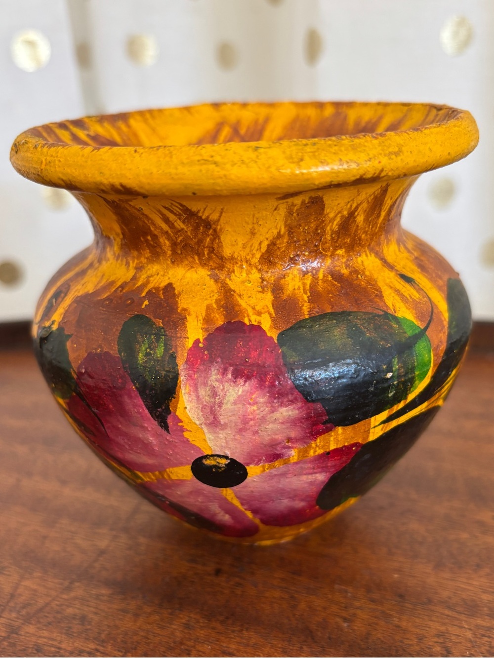 Hand-Painted Mexico Yellow Floral Accent Vase with Pink Blooms